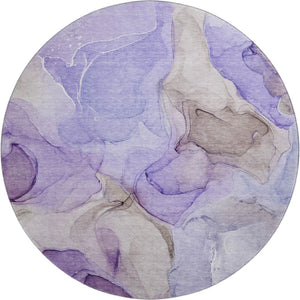 HomeRoots 8' Purple and Gray Abstract Washable Round Rug - Durable, Stain-Resistant with UV Protection for Homes 646737