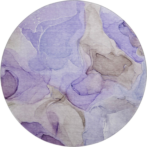 HomeRoots 8' Purple and Gray Abstract Washable Round Rug - Durable, Stain-Resistant with UV Protection for Homes 646737