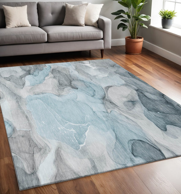 HomeRoots 5' X 8' Modern Teal & Gray Abstract Washable Area Rug with UV Protection for Homes with Kids & Pets 646742