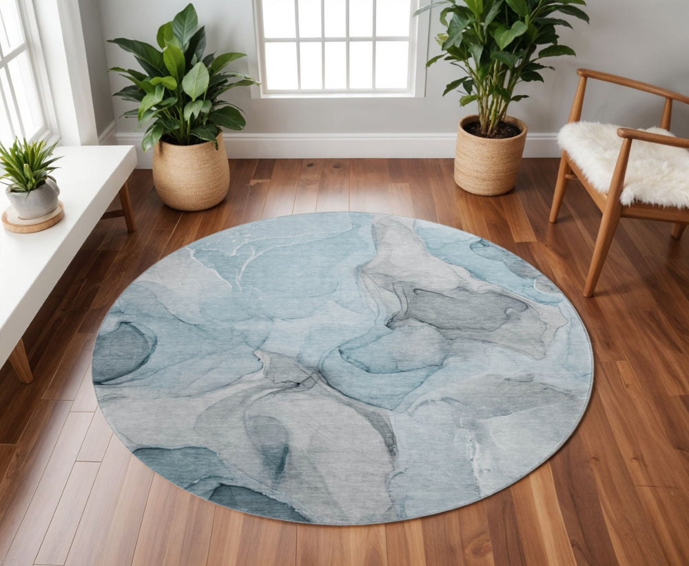 HomeRoots 8' Teal and Gray Abstract Round Rug - Stylish, Washable, UV-Protected, Perfect for Kids & Pets! 646743