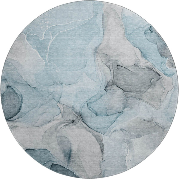 HomeRoots 8' Teal and Gray Abstract Round Rug - Stylish, Washable, UV-Protected, Perfect for Kids & Pets! 646743