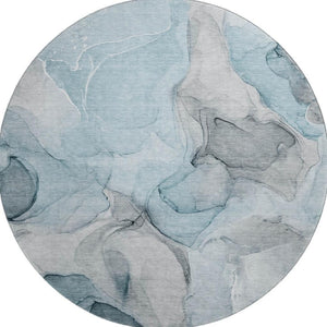 HomeRoots 8' Teal and Gray Abstract Round Rug - Stylish, Washable, UV-Protected, Perfect for Kids & Pets! 646743