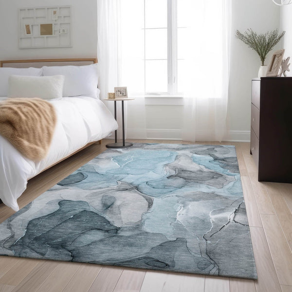 HomeRoots 8' X 10' Teal and Gray Abstract Area Rug - Stylish, Washable, UV-Protected, Perfect for Modern Spaces! 646744
