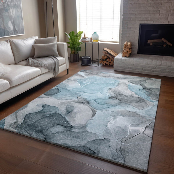 HomeRoots 8' X 10' Teal and Gray Abstract Area Rug - Stylish, Washable, UV-Protected, Perfect for Modern Spaces! 646744