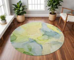 HomeRoots 8' Abstract Washable Round Rug in Yellow, Blue & Beige - UV Protected, Stain-Resistant, Durable Design 646749