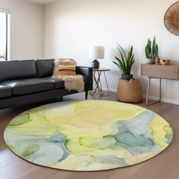 HomeRoots 8' Abstract Washable Round Rug in Yellow, Blue & Beige - UV Protected, Stain-Resistant, Durable Design 646749