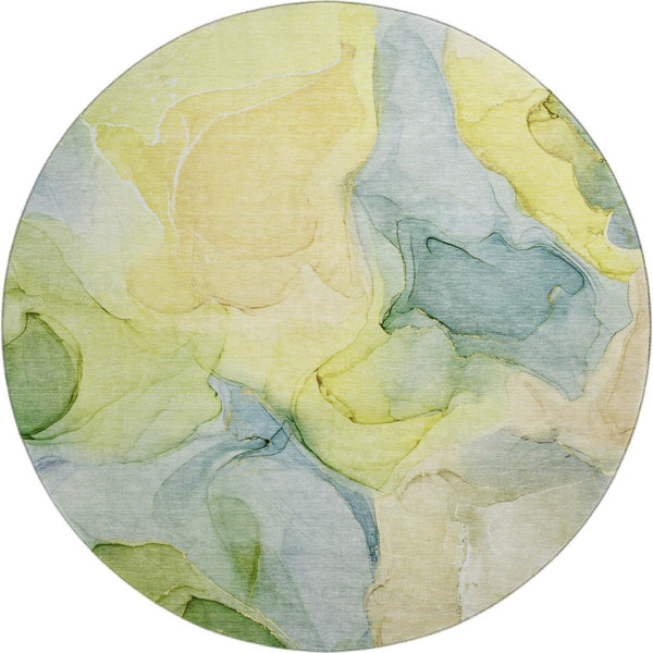 HomeRoots 8' Abstract Washable Round Rug in Yellow, Blue & Beige - UV Protected, Stain-Resistant, Durable Design 646749