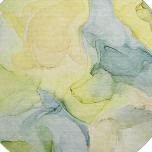 HomeRoots 8' Abstract Washable Round Rug in Yellow, Blue & Beige - UV Protected, Stain-Resistant, Durable Design 646749