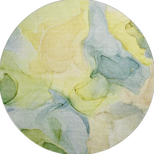 HomeRoots 8' Abstract Washable Round Rug in Yellow, Blue & Beige - UV Protected, Stain-Resistant, Durable Design 646749