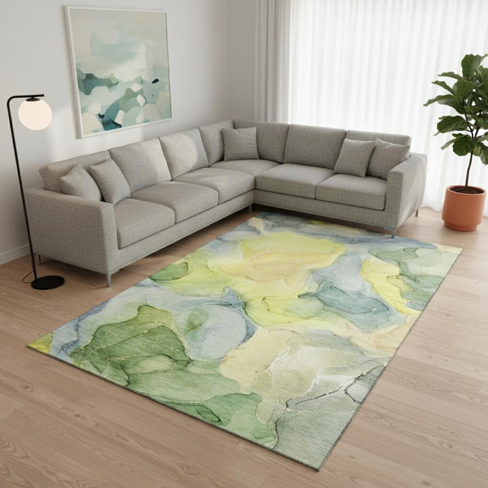 HomeRoots 8' X 10' Washable Abstract Area Rug in Yellow, Blue & Beige - UV Protected, Durable for Homes 646750