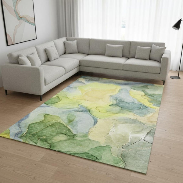 HomeRoots 9' X 12' Abstract Area Rug in Yellow, Blue & Beige - Washable, UV Protected & Stain-Resistant Design 646751