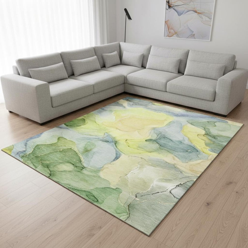 HomeRoots 10' X 14' Washable Area Rug in Yellow, Blue & Beige – Durable, UV Resistant, & Perfect for Kids & Pets! 646752