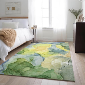 HomeRoots 10' X 14' Washable Area Rug in Yellow, Blue & Beige – Durable, UV Resistant, & Perfect for Kids & Pets! 646752