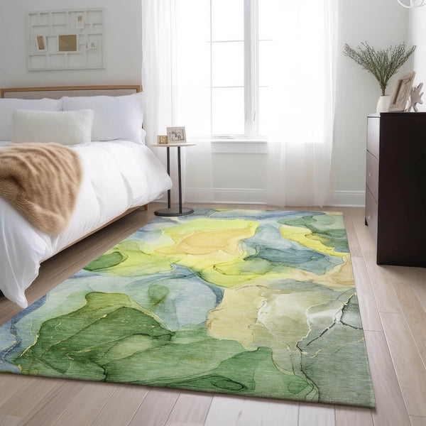 HomeRoots 10' X 14' Washable Area Rug in Yellow, Blue & Beige – Durable, UV Resistant, & Perfect for Kids & Pets! 646752