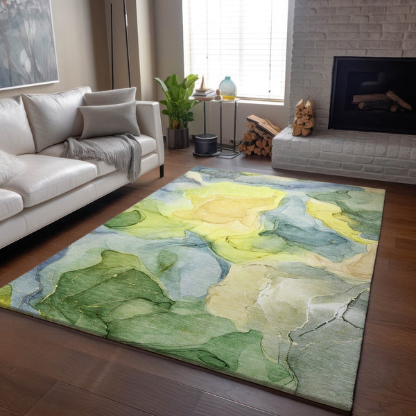 HomeRoots 10' X 14' Washable Area Rug in Yellow, Blue & Beige – Durable, UV Resistant, & Perfect for Kids & Pets! 646752