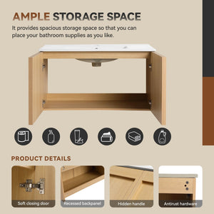 English Elm 36" Floating Bathroom Vanity Light Oak Modular Cabinet with Gel Coat Integrated Sink Glossy White,Light Oak W3450S00067
