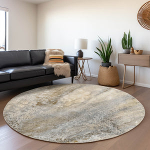 HomeRoots 8' Beige And Ivory Abstract Round Area Rug – Washable, UV Protected, Durable Design for High Traffic Areas 646765