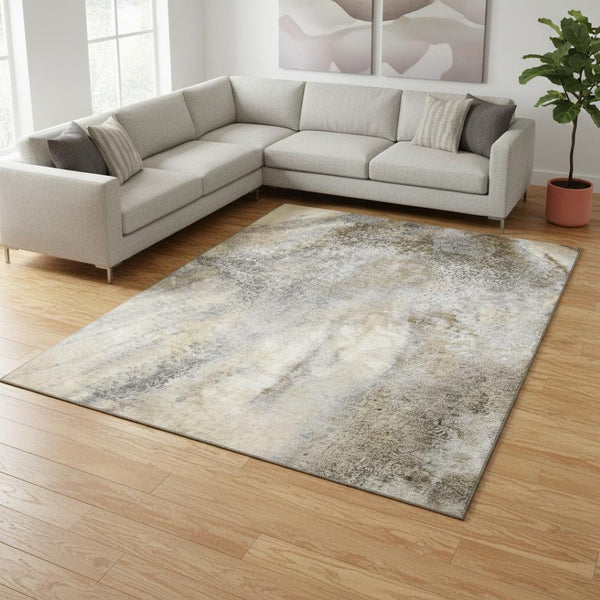 HomeRoots 8' X 10' Beige & Ivory Abstract Area Rug – Washable, Stain Resistant, UV Protected for Modern Homes 646766