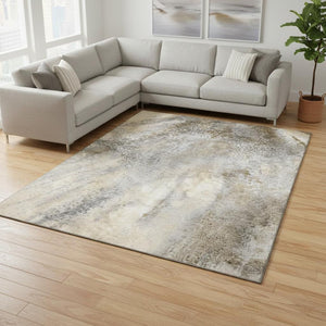 HomeRoots 9' X 12' Beige And Ivory Abstract Washable Area Rug – Stylish, Durable, UV-Protected for High-Traffic Homes 646767