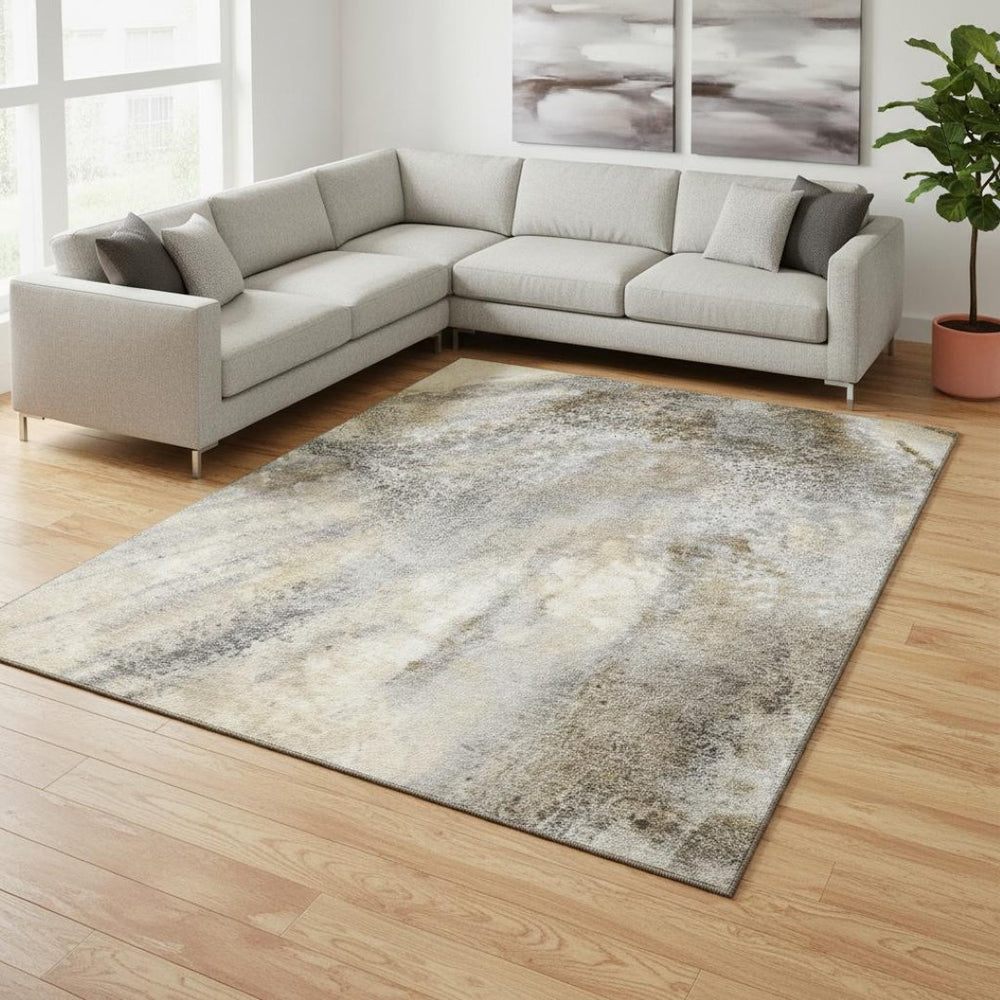 HomeRoots 10' X 14' Beige and Ivory Abstract Washable Area Rug – Stylish, UV-Protected, Durable for High Traffic Homes 646768