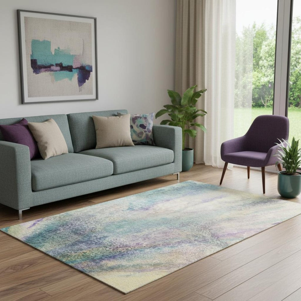 HomeRoots 5' Abstract Area Rug in Blue, Purple & Ivory – Washable, UV Protected & Durable for High Traffic Areas 646770