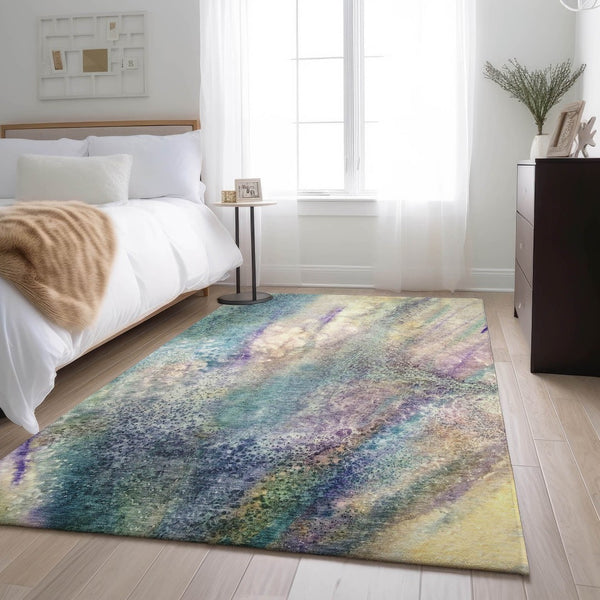 HomeRoots 5' Abstract Area Rug in Blue, Purple & Ivory – Washable, UV Protected & Durable for High Traffic Areas 646770