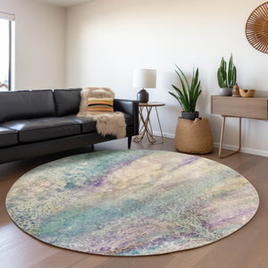 HomeRoots 8' Vibrant Blue, Purple & Ivory Abstract Round Rug – Washable, UV-Protected for Modern Spaces! 646771