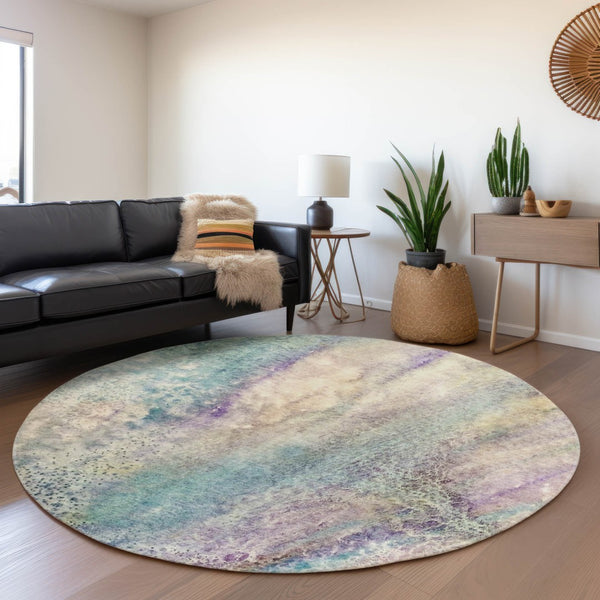 HomeRoots 8' Vibrant Blue, Purple & Ivory Abstract Round Rug – Washable, UV-Protected for Modern Spaces! 646771