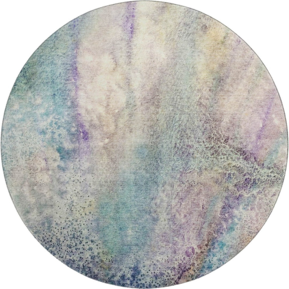 HomeRoots 8' Vibrant Blue, Purple & Ivory Abstract Round Rug – Washable, UV-Protected for Modern Spaces! 646771