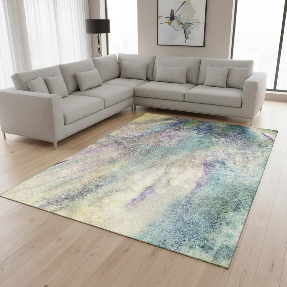 HomeRoots 8' X 10' Vibrant Blue Purple Ivory Abstract Washable Area Rug with UV Protection for Active Homes 646772