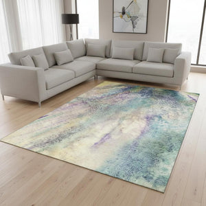 HomeRoots 8' X 10' Vibrant Blue Purple Ivory Abstract Washable Area Rug with UV Protection for Active Homes 646772