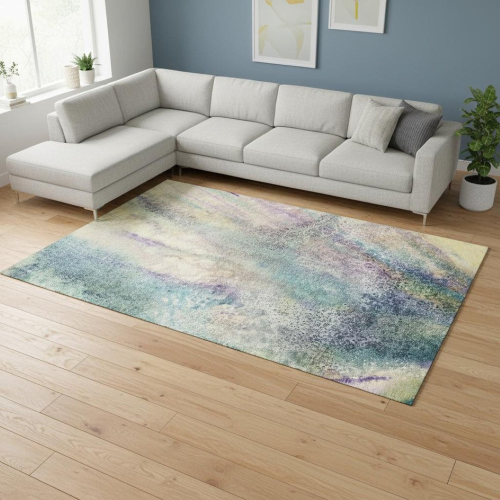 HomeRoots 9' X 12' Abstract Area Rug in Blue, Purple & Ivory – Washable, Stain-Resistant, UV Protected Design 646773