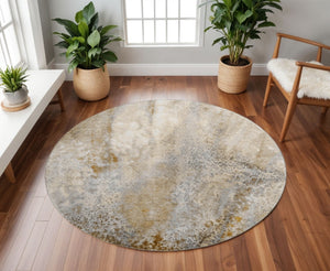 HomeRoots 8' Brown and Ivory Abstract Round Rug - Washable, Stain Resistant, UV Protected, Modern Design for Homes 646777