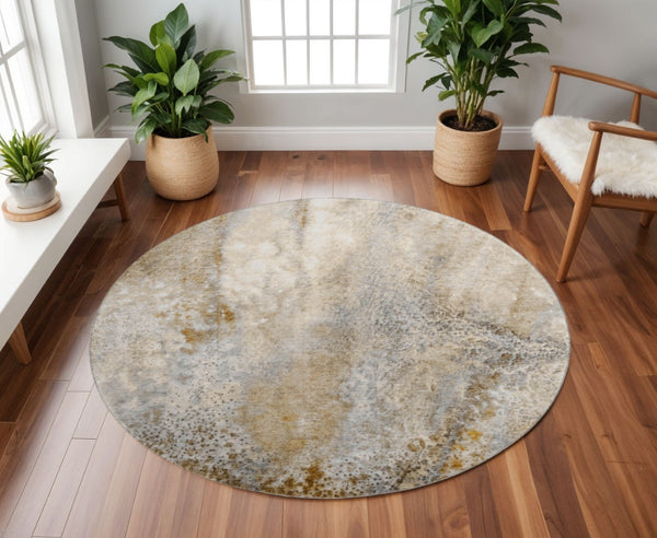 HomeRoots 8' Brown and Ivory Abstract Round Rug - Washable, Stain Resistant, UV Protected, Modern Design for Homes 646777