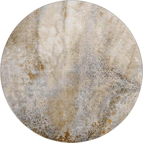 HomeRoots 8' Brown and Ivory Abstract Round Rug - Washable, Stain Resistant, UV Protected, Modern Design for Homes 646777
