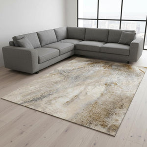 HomeRoots 8' X 10' Brown and Ivory Abstract Area Rug - Washable, UV Protected, Stain Resistant for High-Traffic Areas 646778