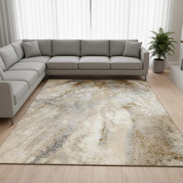 HomeRoots 9' X 12' Modern Brown and Ivory Abstract Area Rug | Washable, UV Protected, Stain Resistant Design 646779