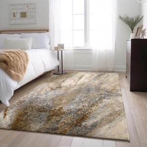 HomeRoots 9' X 12' Modern Brown and Ivory Abstract Area Rug | Washable, UV Protected, Stain Resistant Design 646779