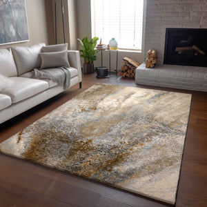 HomeRoots 9' X 12' Modern Brown and Ivory Abstract Area Rug | Washable, UV Protected, Stain Resistant Design 646779