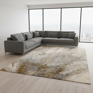 HomeRoots 10' Brown and Ivory Abstract Washable Area Rug - UV Protected, Durable, Modern Design for Any Space 646780