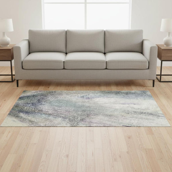 HomeRoots 5' X 8' Abstract Ivory and Purple Area Rug - Washable, UV Protected, Stain-Resistant for Modern Homes 646782