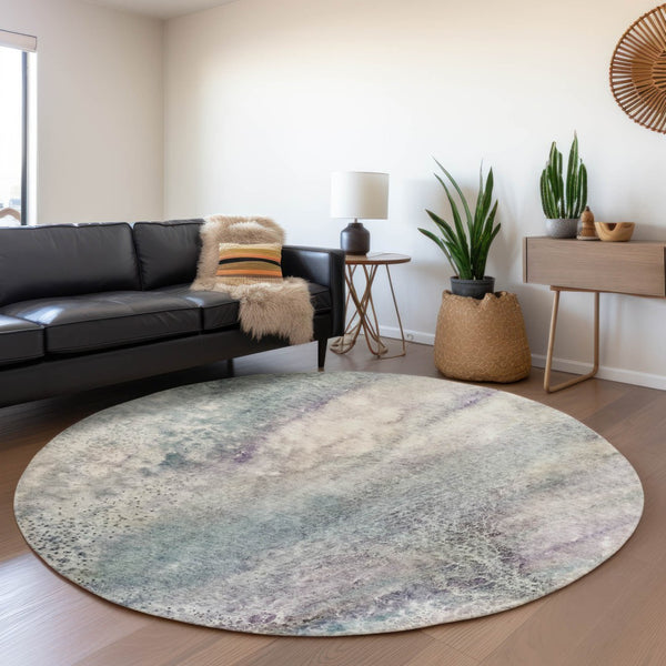 HomeRoots 8' Ivory and Purple Abstract Round Rug - Stylish, Washable, UV-Protected, Perfect for Family Homes 646783