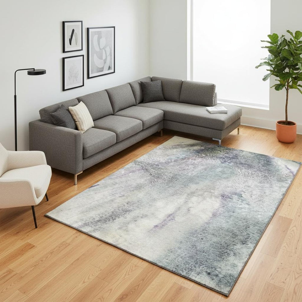 HomeRoots 9' X 12' Ivory And Purple Abstract Area Rug - Washable, UV Protected, Soft & Ideal for High-Traffic Rooms 646785