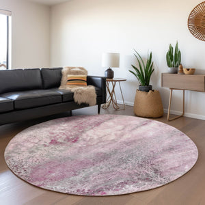 HomeRoots 8' Pink And Ivory Abstract Washable Round Rug with Stain Resistance and UV Protection for Modern Spaces 646795