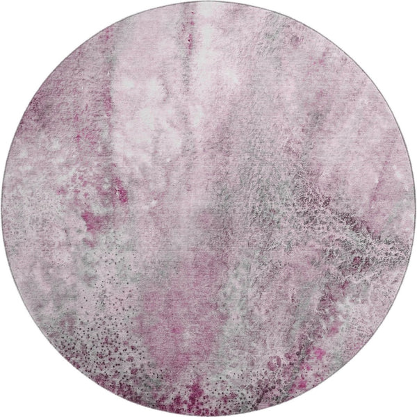 HomeRoots 8' Pink And Ivory Abstract Washable Round Rug with Stain Resistance and UV Protection for Modern Spaces 646795