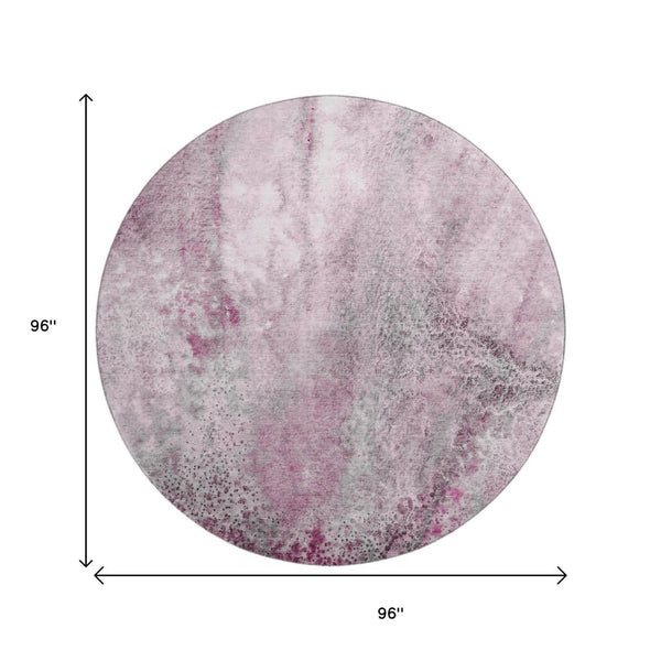 HomeRoots 8' Pink And Ivory Abstract Washable Round Rug with Stain Resistance and UV Protection for Modern Spaces 646795