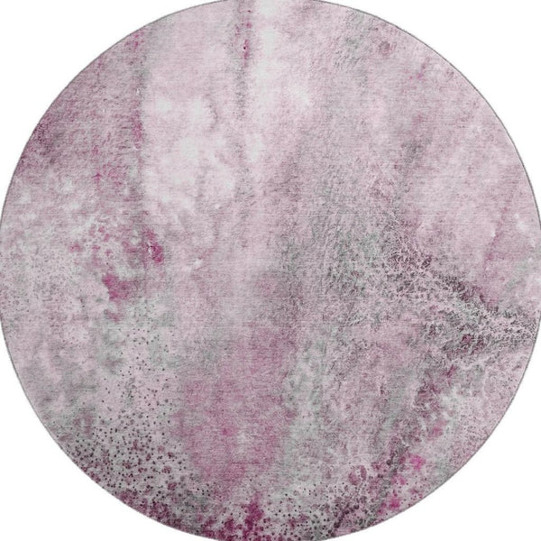 HomeRoots 8' Pink And Ivory Abstract Washable Round Rug with Stain Resistance and UV Protection for Modern Spaces 646795