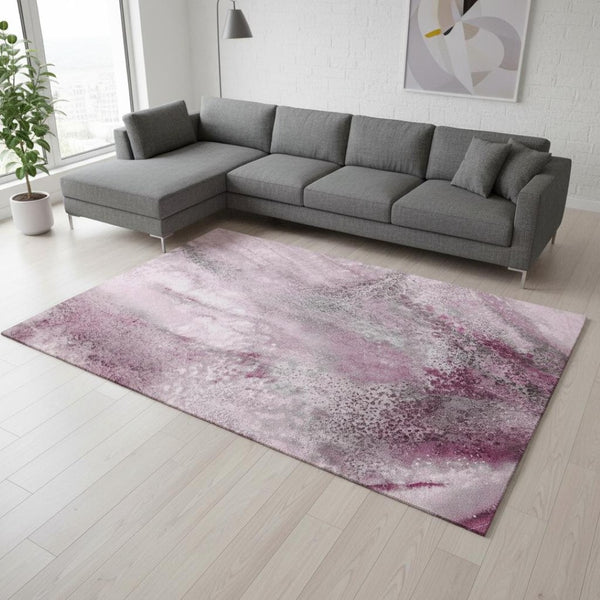 HomeRoots 9' X 12' Pink and Ivory Abstract Area Rug - Washable, UV-Protected, Stylish & Durable for Modern Homes 646797