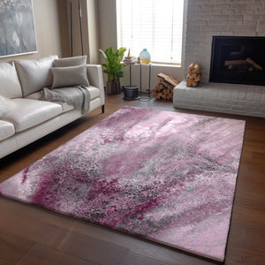 HomeRoots 9' X 12' Pink and Ivory Abstract Area Rug - Washable, UV-Protected, Stylish & Durable for Modern Homes 646797