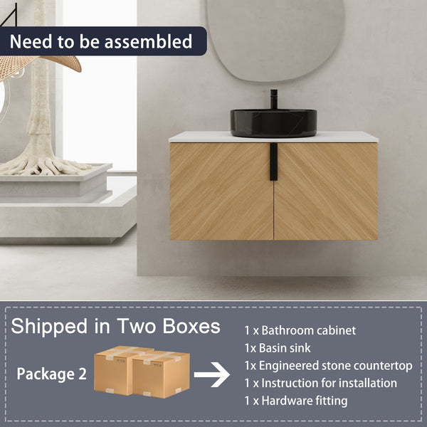 English Elm 36" Modern Wall-Mounted Bathroom Vanity With Ceramic Vessel Sink & Soft-Close Doors, Light Oak Finish W999S00452